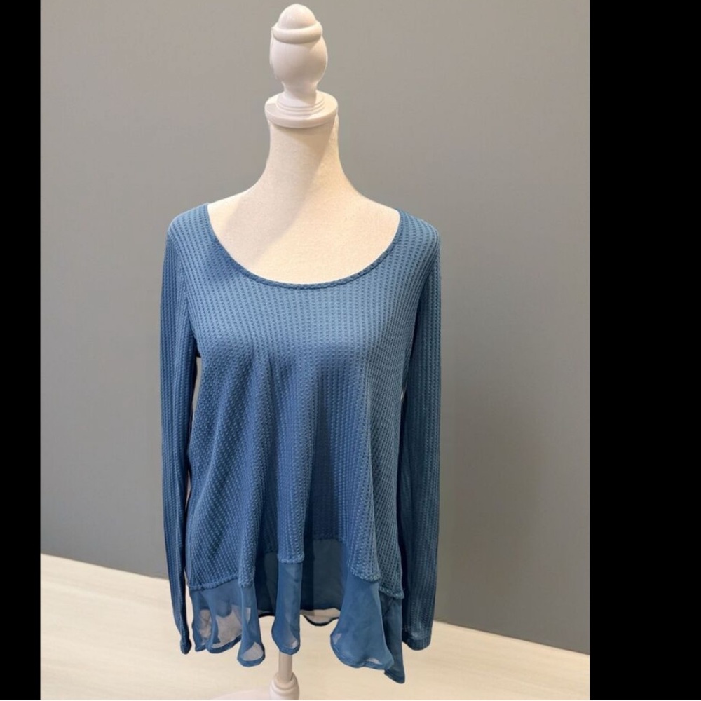 Sun & Shadow Women's Blue Waffle Knit Long Sleeve Top Size S